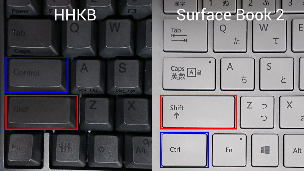 HHKBとSurfaceBook2のキー配置の比較